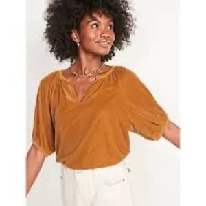 Old Navy Elbow Sleeve Split Neck Velvet Swing Blouse Mustard Yellow MEDIUM